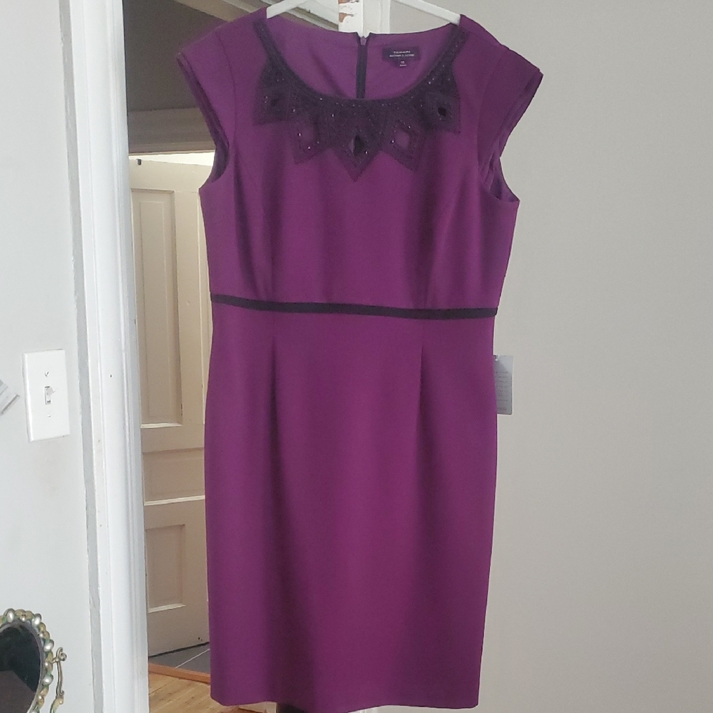 NWT Tahari ASL Rich Purple Midi Dress with Beaded Neckline